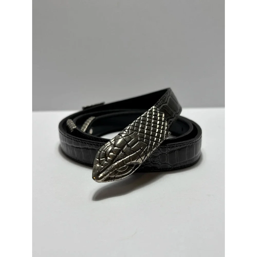 Avignon Snake Head Belt ML Black Crocodile Embossed Leather Silver Hardware
